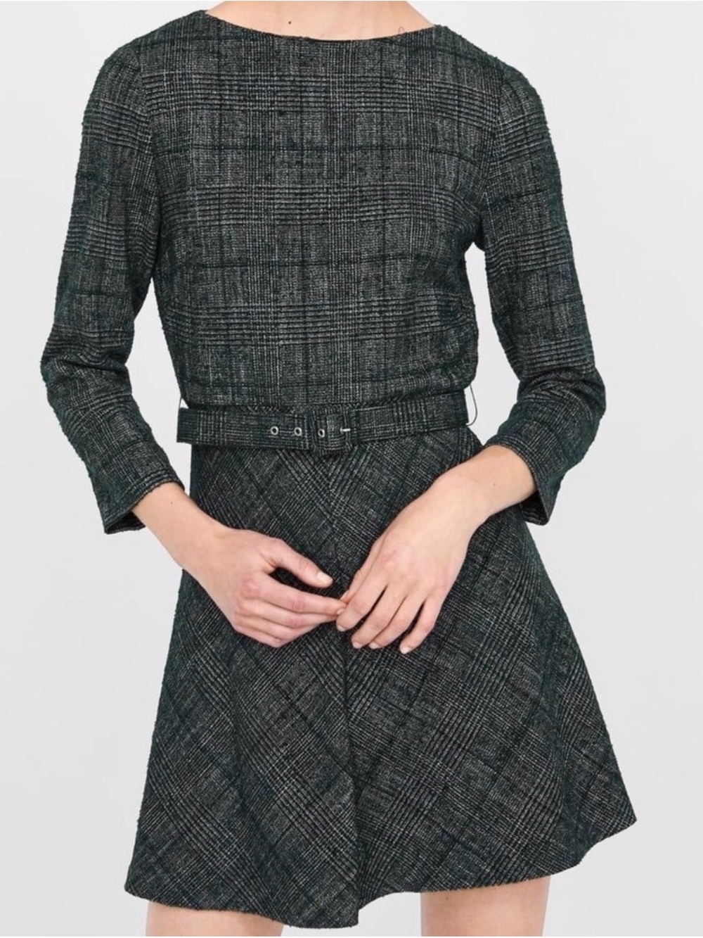 Zara Green Plaid Belted A-Line Dress